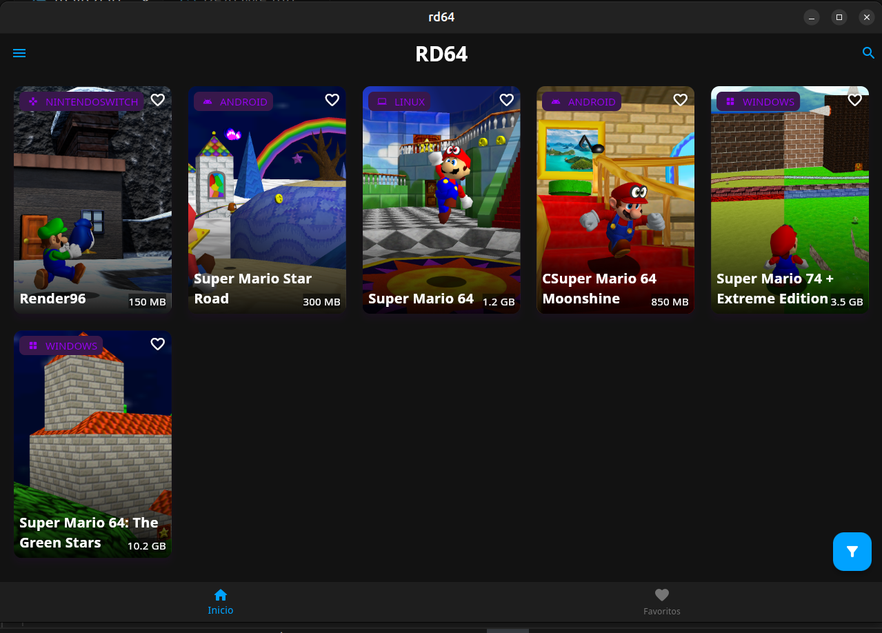 Captura de pantalla de RD64 Launcher mostrando la biblioteca de juegos